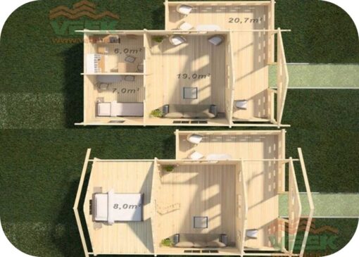 Bungalow Camping Anna6 6000mm x 6000mm 45mm Grosor de la Madera Vista Interior MNVEEK