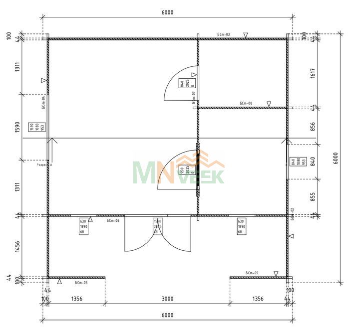Bungalow de Madera CERDEÑA3 6000mm x 6000mm 45mm Grosor de la Madera PLANO MNVEEK