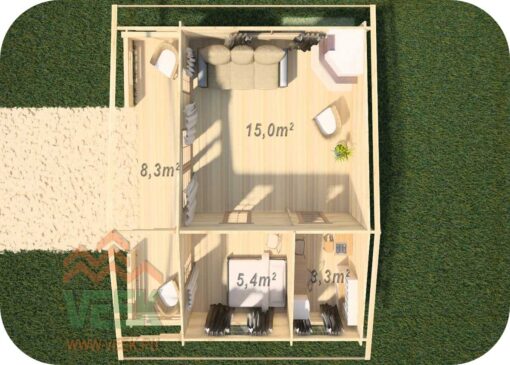Bungalow de Madera Cerdeña3 6000mm x 4500mm + 1500mm 45mm Grosor de la Madera Vista Interior MNVEEK