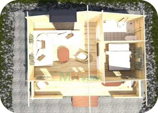 Bungalow de Madera Cerdeña3 6000mm x 4500mm + 1500mm 70mm Grosor de la Madera Vista Interior MNVEEK