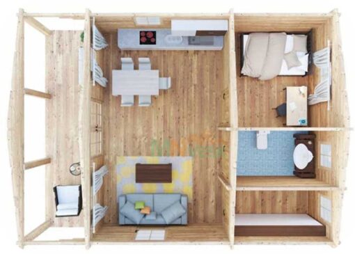 Casa de Madera DUERO 6000mm x 7740mm 70mm Grosor de la Madera Vista Interior MNVEEK