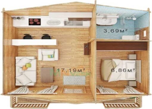 Bungalow de Madera Flora 6000mm x 5200mm + 1200mm 45mm vista Interior MNVEEK