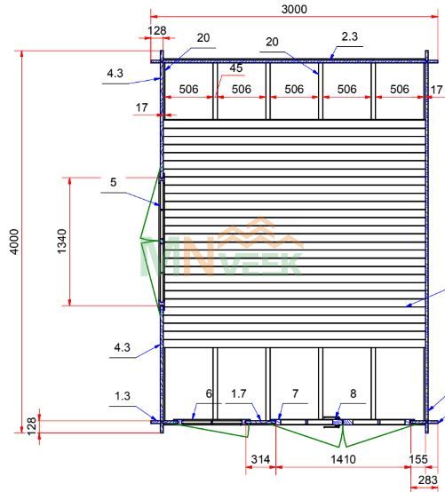 Mirador de Madera Acristalado SANCHO1 3000mm x 4000mm 28mm Grosor de la Madera Plano